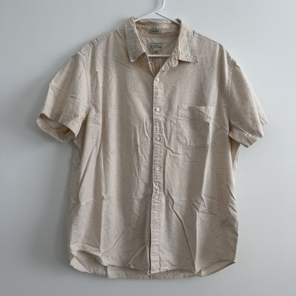 VTG J. Crew Mens Shirt Size XL Beige Cotton Short Sleeve Button Up Preppy Resort